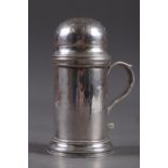 A hammered Britannia silver kitchen pepper with engraved crest, 5.1oz troy approx