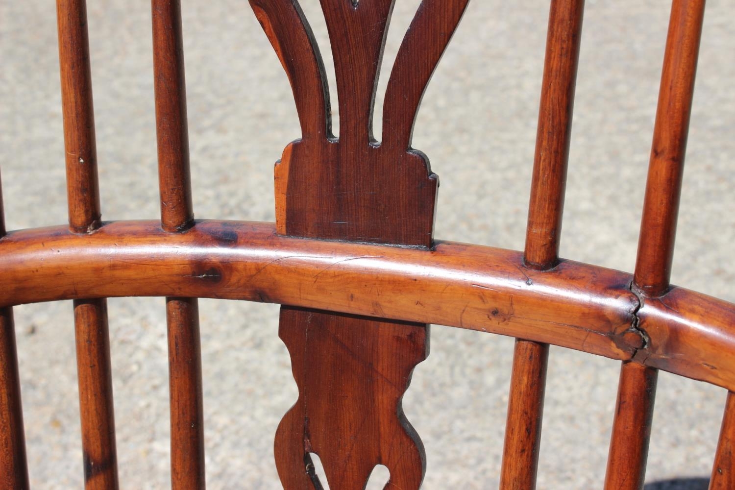 A 19th century yew splat bow back elbow chair with elm panel seat, on fruitwood turned and - Image 2 of 2
