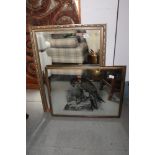 A bevelled edge wall mirror, in gilt frame, plate 28" x 19", and a mirror with hawk design, 17 1/