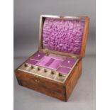A figured walnut jewellery and writing box with string inlaid and mother-of-pearl motif, 11 1/2"
