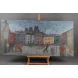 An oil on canvas, town scene with multi-coloured houses and figures, 20" x 40", unframed