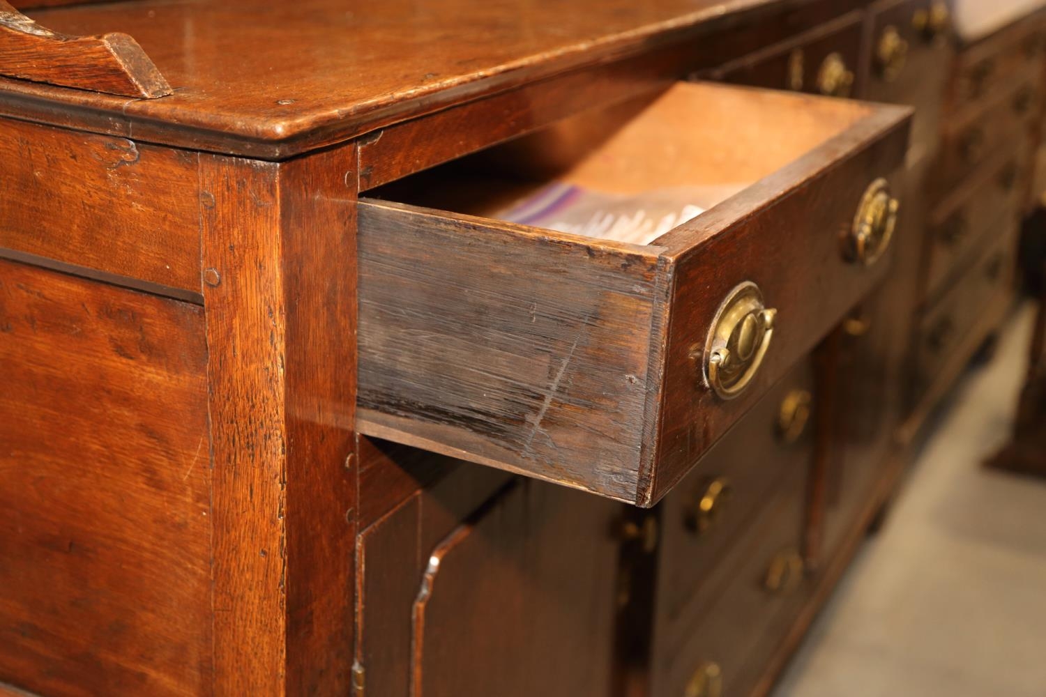 A 19th century oak dresser, the back fitted shelves over five small drawers with three further - Image 3 of 5