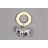 A child's silver rattle, formed as a donkey, with plastic teething ring