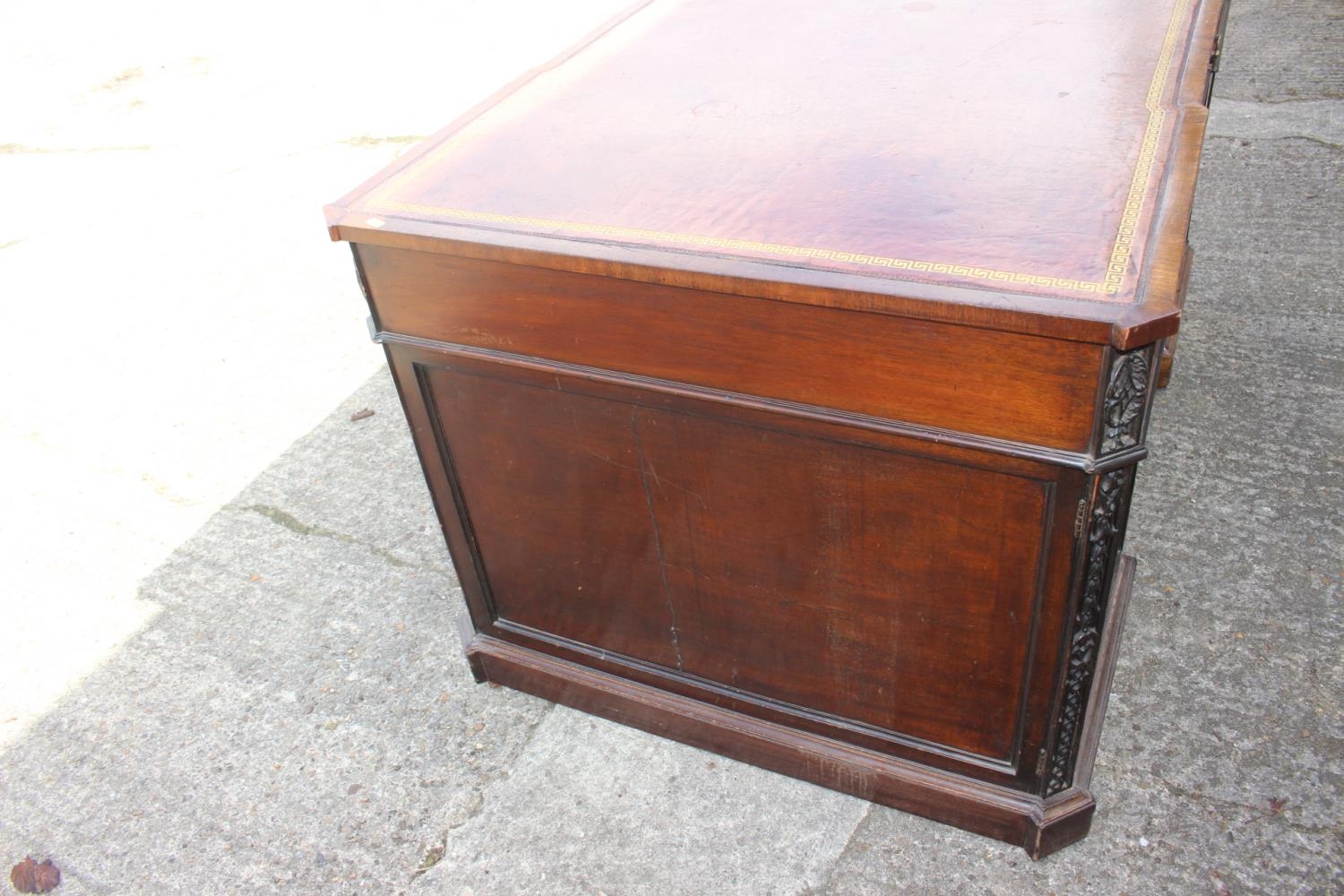 A partners early 20th century mahogany double pedestal desk with tooled lined leather top, inverse - Image 4 of 16