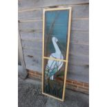 A 1930s leaded glazed panel of a stork, 58" x 16"