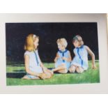 A colour print after S Bridgeland, three girls, a colour print, Continental square, in linen lined