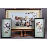 Three Chinese carved shell panels of birds amongst flowers, largest 11" x 20", in strip frames
