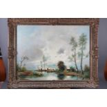 A Herbe: oil on canvas, Continental landscape river scene, 23" x 31", in gilt swept frame