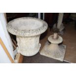 A pair of cast stone campana urns with figure decoration, on square bases, 24" dia x 36" high