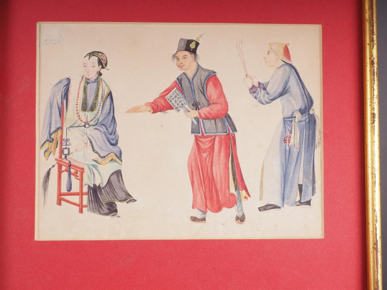 *A pair of Chinese watercolours, mandarin and wife with attendants, 6 3/4" x 9", in gilt frames, and - Image 2 of 3