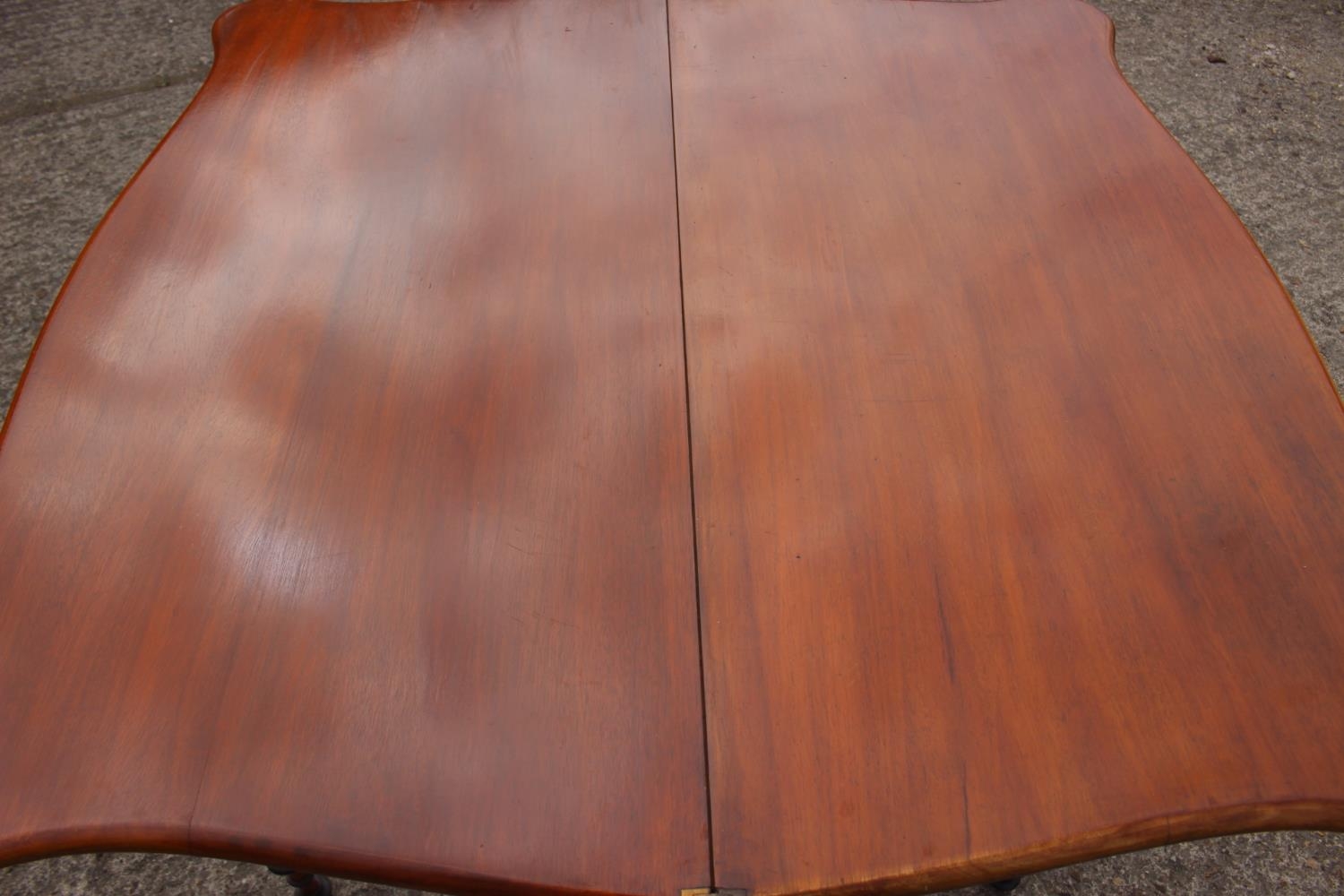 A late 19th century Scandinavian fold-over top serpentine front tea table, on ebonised banded - Image 5 of 5