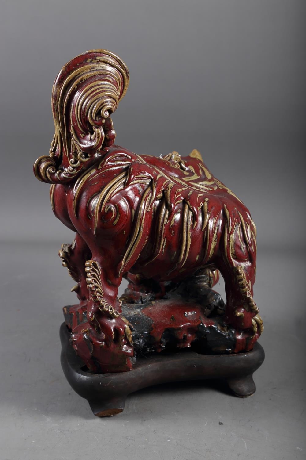 A Chinese red and brown glazed porcelain model of a Dog of Fo, on hardwood stand, 16" high - Image 2 of 17