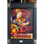 J Serafim: oil on board, abstract figure and dog, 16" x 11", in black and gilt frame