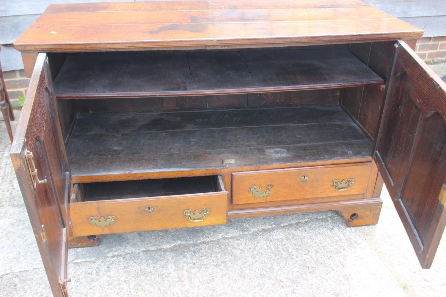 An 18th century oak mule chest, now converted as a cupboard, fitted two drawers, on bracket feet, - Image 4 of 5