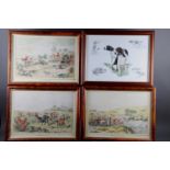 Three 19th century hand-coloured lithographs, sporting scenes, in burr walnut frames, and one