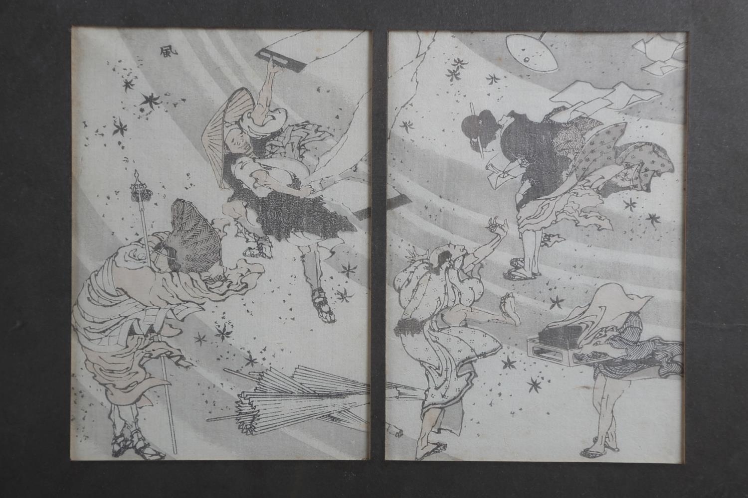 *A set of three Japanese prints, figures in landscape, in ebonised frames, and another similar - Image 3 of 6