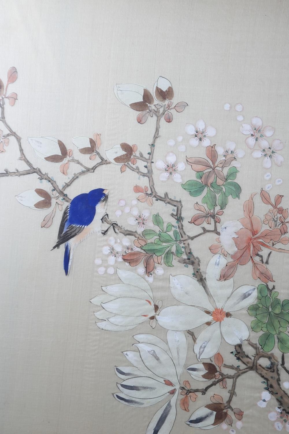 A Chinese watercolour, birds, flowers and cockerel, 52" x 17", in ebonised strip frame - Image 2 of 3