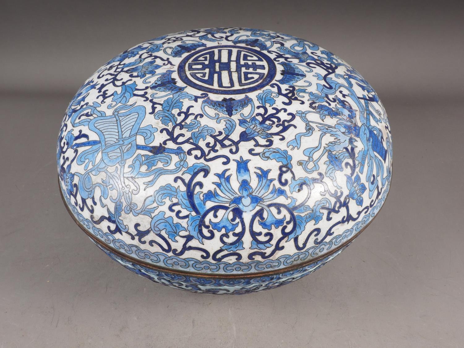 A Chinese cloisonne blue and white circular box and cover with flower, bat and character designs, 12 - Image 2 of 23