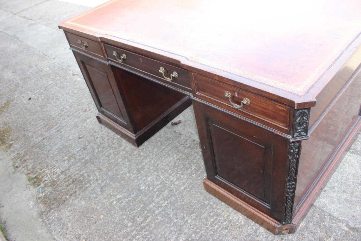 A partners early 20th century mahogany double pedestal desk with tooled lined leather top, inverse - Image 3 of 16