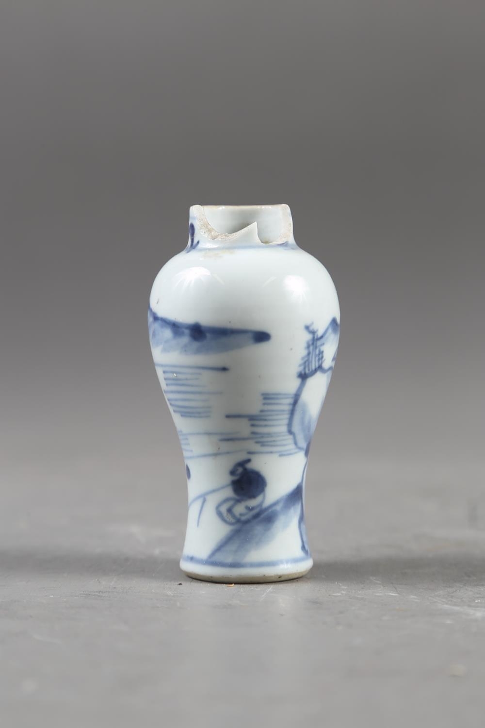 A Chinese blue, white and iron oxide glazed cylindrical miniature vase with warriors in a - Image 3 of 13