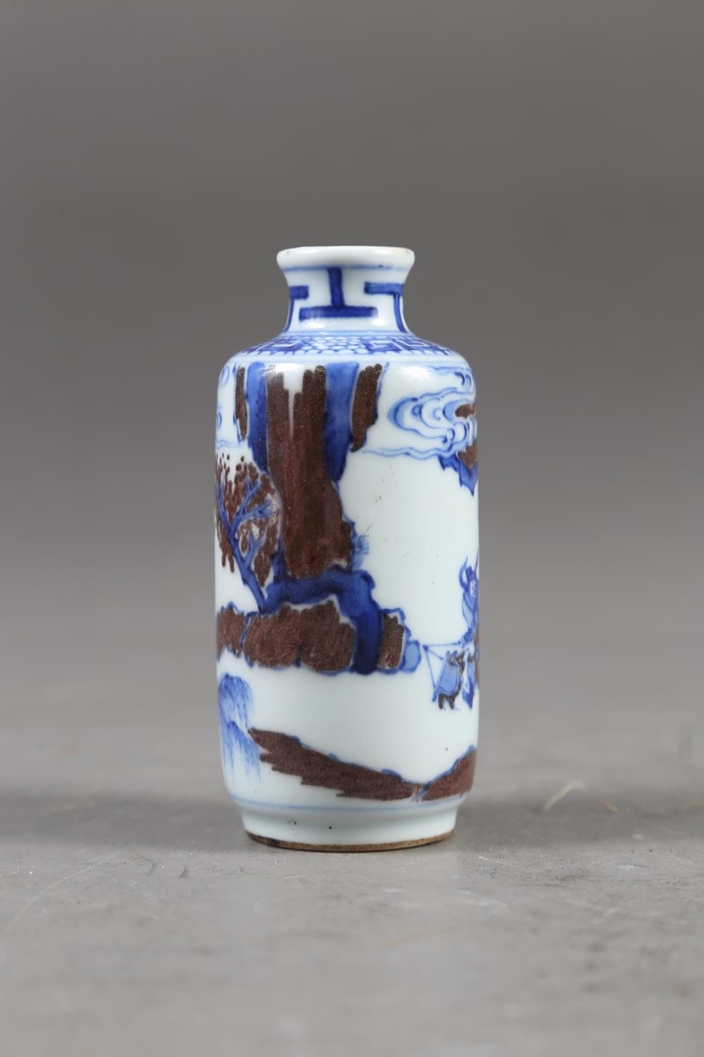 A Chinese blue, white and iron oxide glazed cylindrical miniature vase with warriors in a - Image 11 of 13