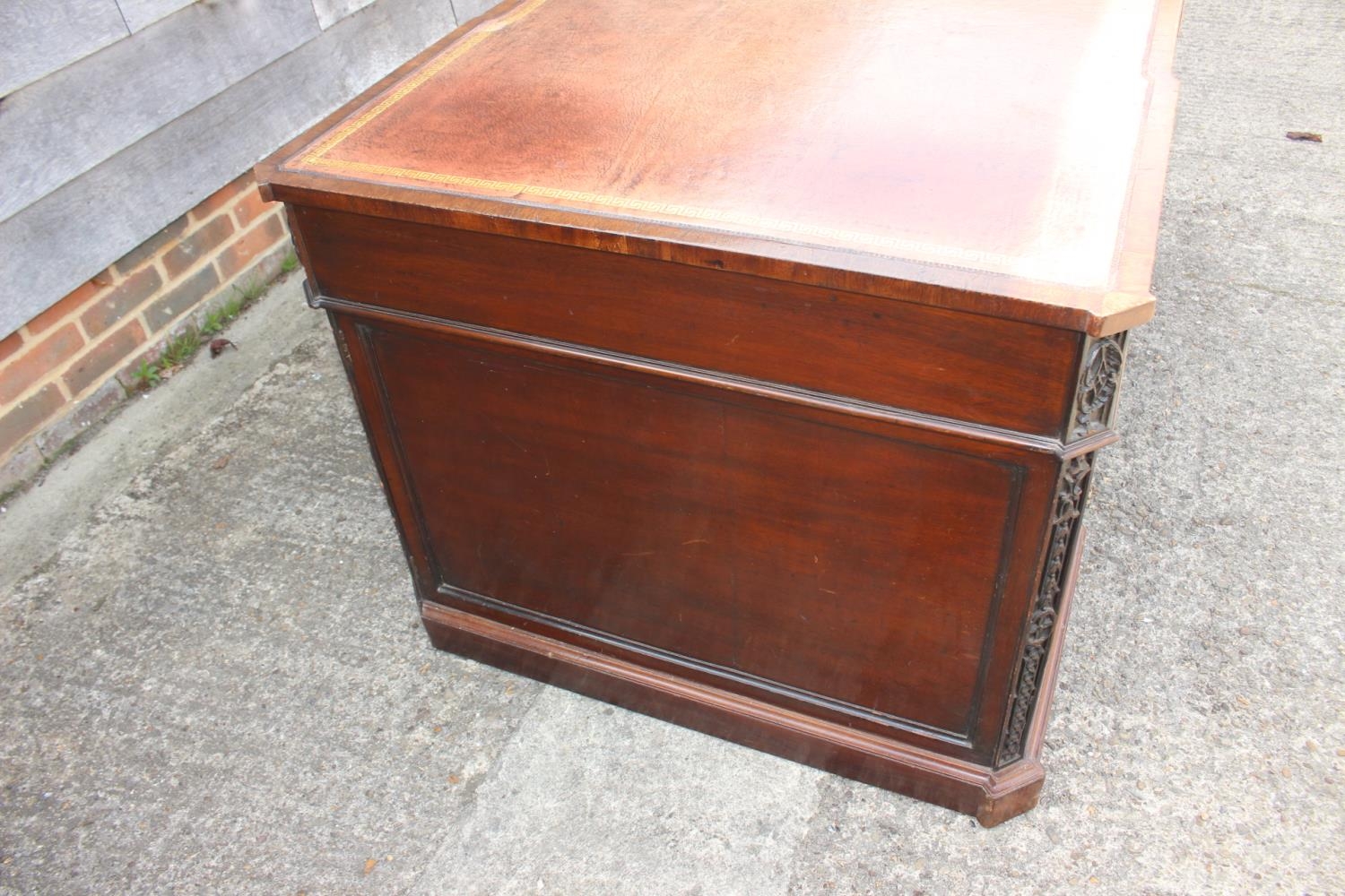 A partners early 20th century mahogany double pedestal desk with tooled lined leather top, inverse - Image 2 of 16