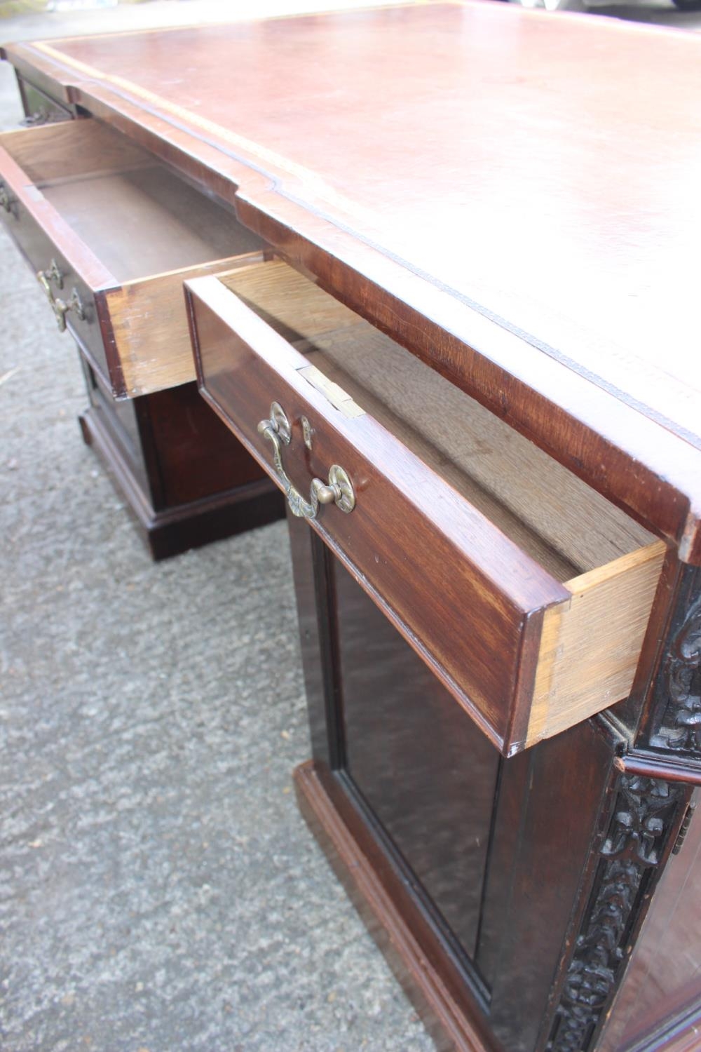 A partners early 20th century mahogany double pedestal desk with tooled lined leather top, inverse - Image 8 of 16