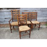 A set of six ash and beech rush seat ladder back dining chairs, on turned and stretchered