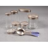 A set of six silver and purple guilloche enamel coffee spoons, a pair of cut glass rouge pots with