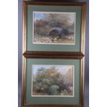 J B?: a pair of late 19th century watercolours, rural scenes with rivers, 10" x 13 1/2", in gilt