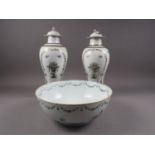 A pair of Chinese export baluster vases and covers with urn and flower decoration, 14 1/2" high, and