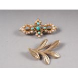 A 15ct gold, seed pearl and turquoise brooch, 4.8g, and a 9ct gold leaf brooch, 5g