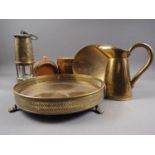 A quantity of metalware, including a miner's brass lamp, two coopered whisky barrels, trays and