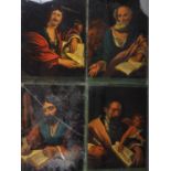 A set of four 19th century hand-coloured prints laid on glass, The Evangelists, 40" x 10" , in frame