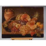 Oil on panel still life with autumn fruit, 17 1/2" x 23 1/2", and a colour print still life