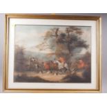 A set of four 19th century colour print hunting scenes, in gilt frames, a similar pair of
