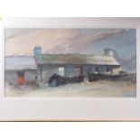 Rob Piercy: watercolours, "Stone Longhouse", 10 3/4" x 21", in strip frame