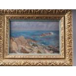 Muriel Hare: oil on panel, rocky coastal scene, 7 1/2" x 11 1/2", in deep gilt frame