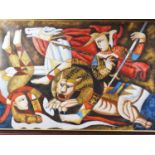 T Doric?: oil on canvas, circus scene with figures and lion, 23 1/2" x 35 1/2", in polished as