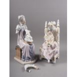 A Lladro figure of a young girl with a bunch of flowers sat on a throne, 10 1/2" high, and another