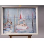Dunlop: oil on canvas, harbour scene with sailing boats, 13" x 17", in strip frame