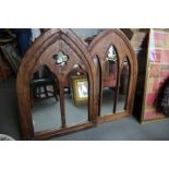 A hardwood arch topped Gothic style triple-plate wall mirror, 39" x 26", and another similar