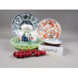 *A Chinese cafe au lait bowl with interior blue and white fruit and scrolled decoration, six-