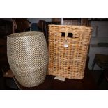 A wicker linen basket, 22" wide x 18" deep x 23" high, a circular, lidded, woven cane basket, 14"