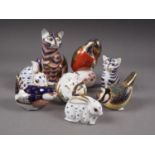 Eight Royal Crown Derby bone china Imari decorated animals, two cats, a kingfisher, two rabbits, a