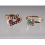 A yellow metal, diamond and emerald square-shaped cluster ring, stamped 18ct, 2g, size L, and a