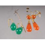 A pair of agate yellow metal set drop earrings, a similar pair of jade earrings and a stick pin