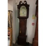A late Georgian provincial oak longcase clock with painted arch top dial and eight-day striking