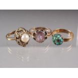 A 9ct gold dress ring, gypsy set rose quartz, size N/O, 3.2g, a yellow metal ring set pearl, size