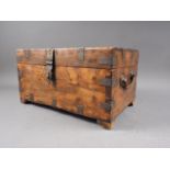 An Indian? hardwood and metal mounted writing box with carrying handles, 15 1/2" wide on X frame
